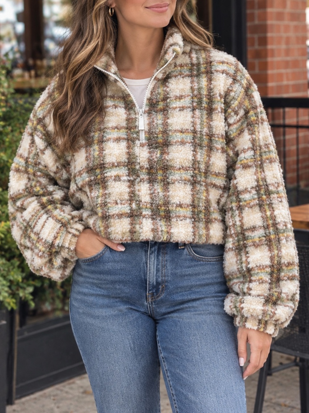 Boohoo Cream Gold, Brown Plaid Fleece pullover Jacket 1/4 zip Semi Cropped sz 10